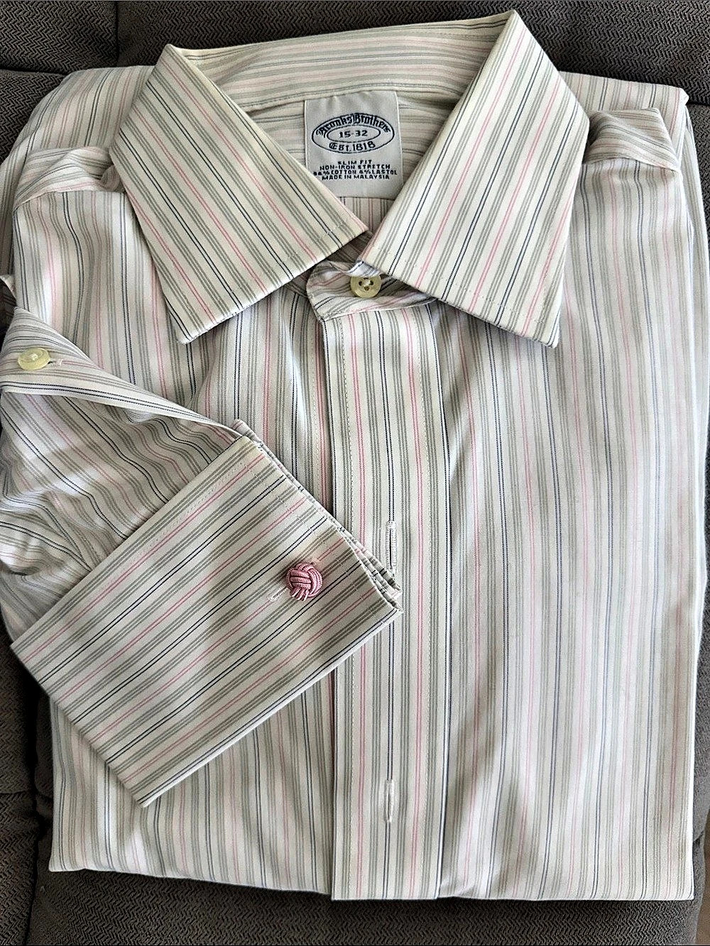 Brooks Brothers Slim Fit Non-Iron Stretch Multi-Stripe Dress Shirt 15-32, French